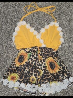 Yellow Sunflower Halter One-Piece Romper for Kids